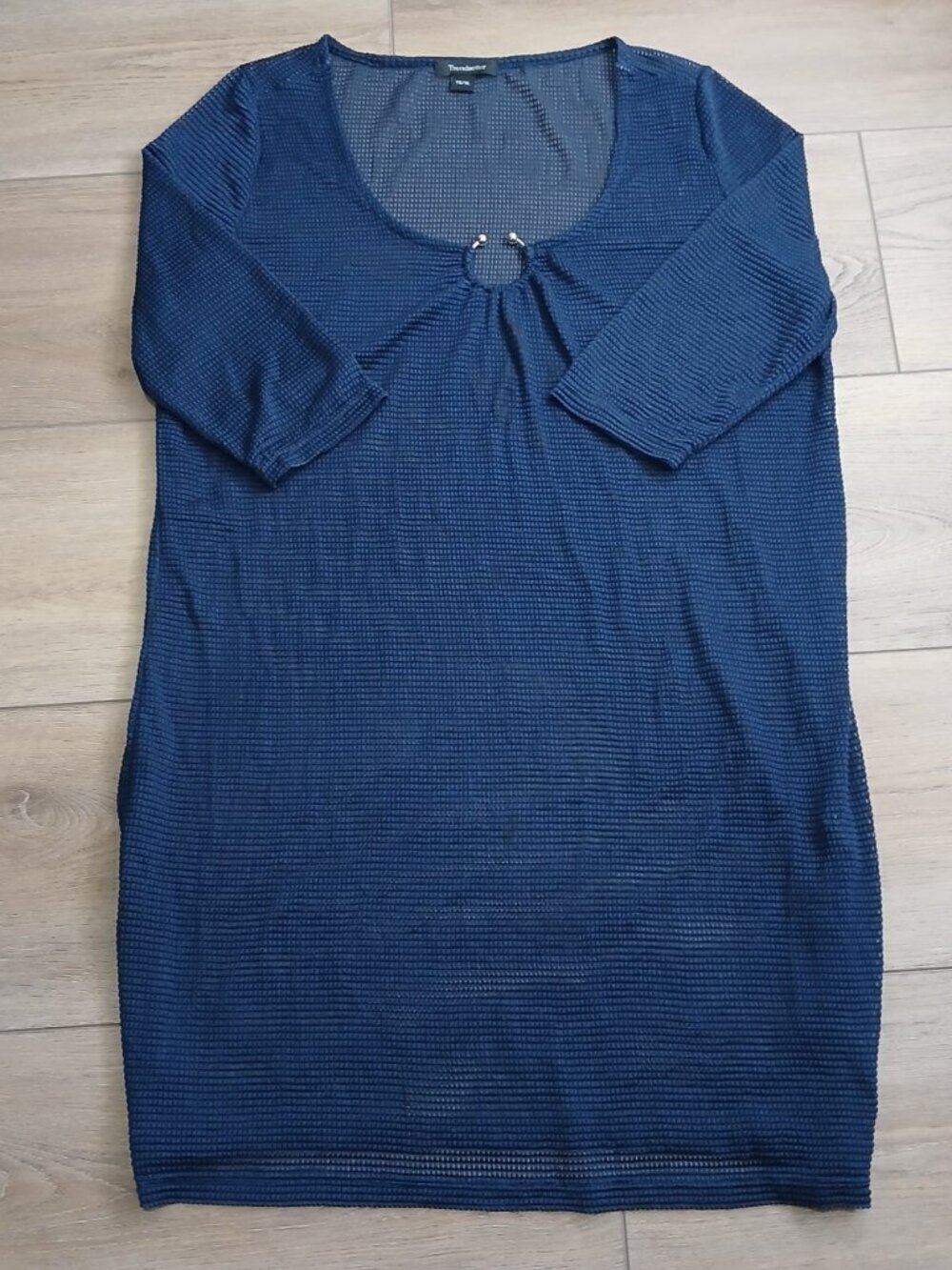 Trendsetter Navy Blue Textured Tunic Swim Top XL Stretch 3/4 Sleeve Keyhole Neck - Picture 2 of 10